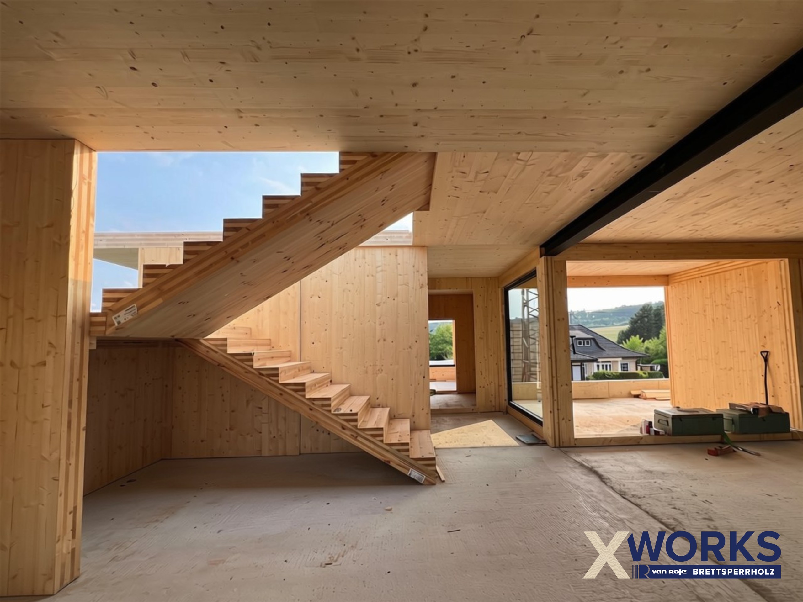 XWORKS-Holzbau von van Roje mit Treppe und sichtbarem XWORKS-Logo